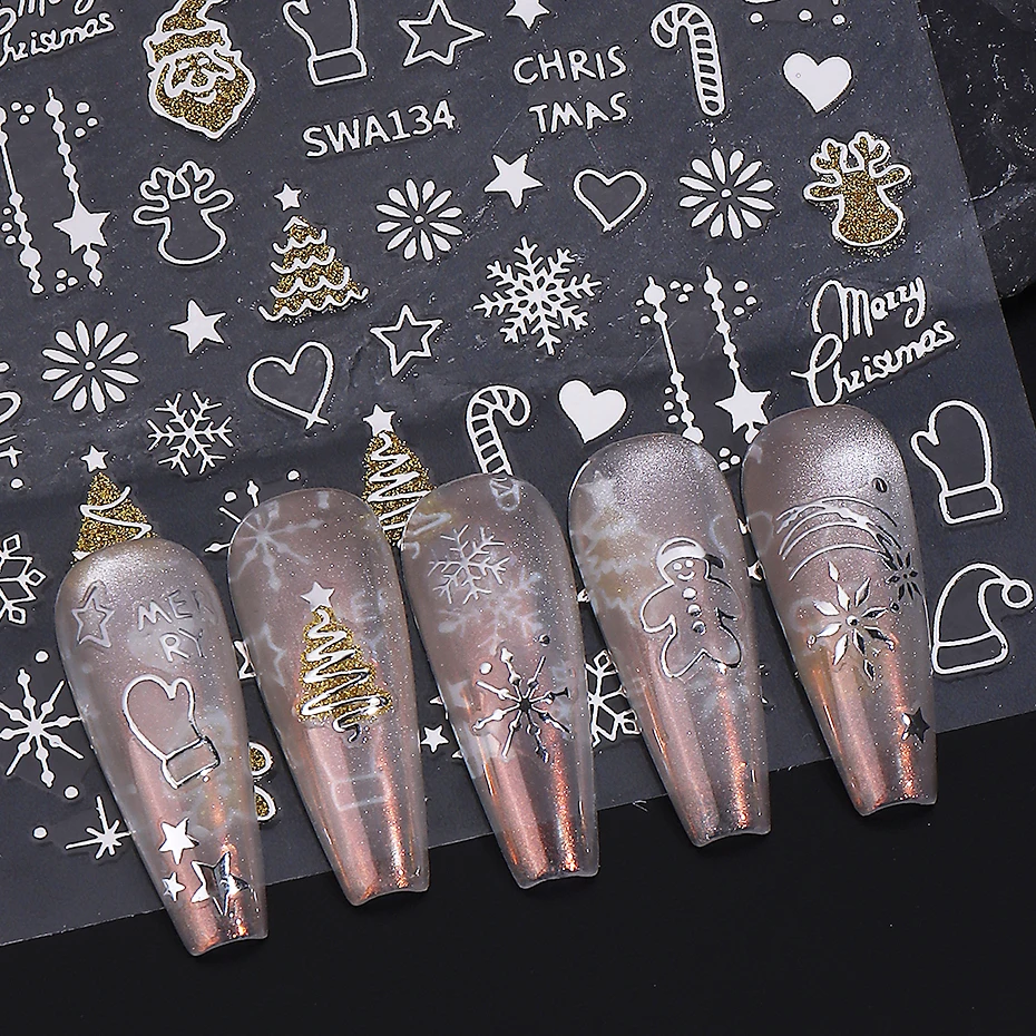 2 قطعة الذهب والفضة عيد الميلاد مسمار ملصقات ثلاثية الأبعاد البرنز ندفة الثلج شجرة عيد الميلاد الزنجبيل لاصق الشارات DIY بها بنفسك الشتاء مانيكير ديكور