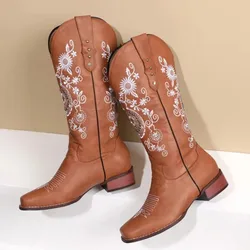 Flower Embroidery Ethnic Bohemian Style Square Chunky Med Heels Mid-calf Cowboy Shoes Women Winter Wide Calves Cowgirl Boots