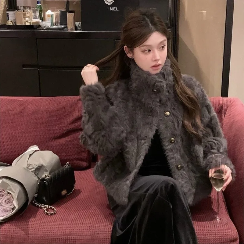 New women's stand-up collar coat mixed fur short thickened warm and youthful with cotton