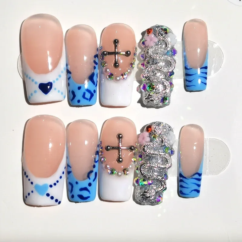 10 قطعة بطة يدوية الصنع اضغط على الأظافر Y2K الأظافر كاذبة ليوبارد طباعة أظافر وهمية نصائح قصيرة تصميم فرنسي Ins Spice Girl يمكن ارتداؤها