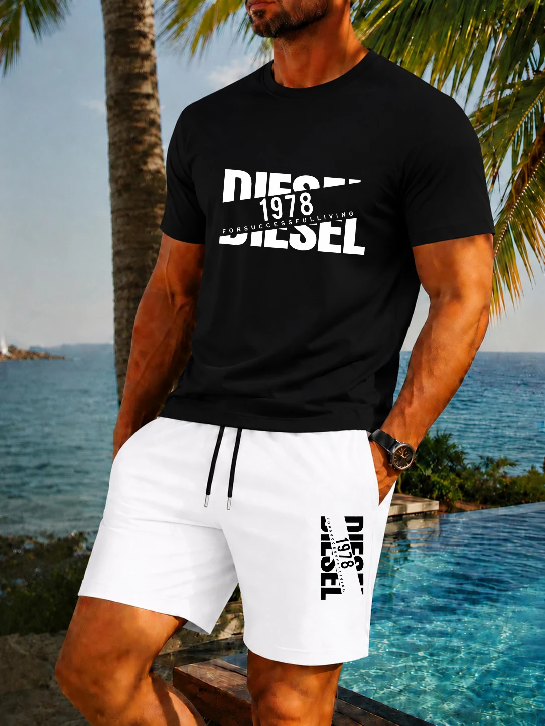 

2026 New Breathable T-Shirt Set Men Vintage Split Letter Print Tee & Shorts Loose Quick Dry Sportswear For Vacation Pool Street
