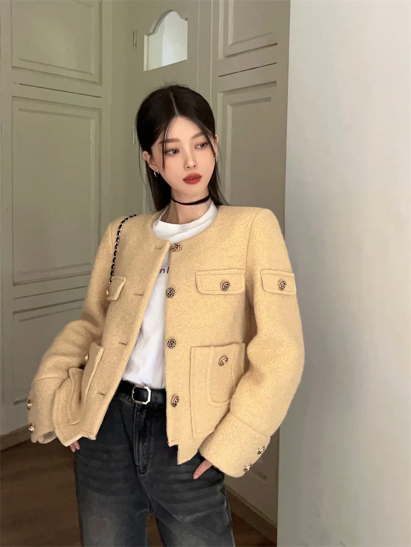 

Women Autumn Winter Round Neck Woolen Coats Casual Loose Single Breasted Multi Pocket Jacket