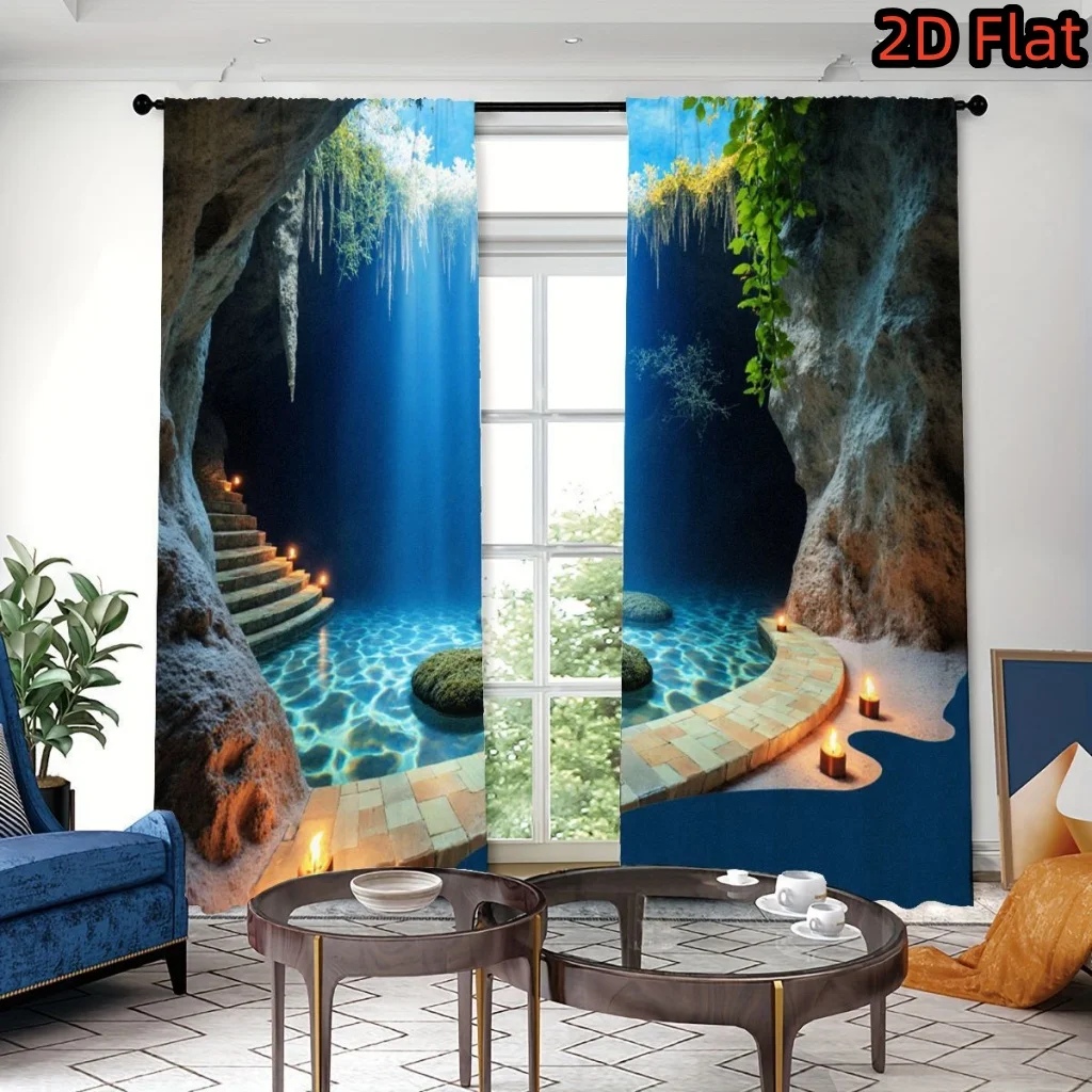 2D Flat, 2pcs Cave Pool Waterfall Nature Scene Curtain for Living Room Bedroom Relaxing Scenic Drape