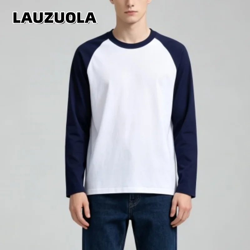 Camisetas de Manga Longa Masculinas Pretas com Detalhes Brancos, Gola Redonda, Básicas em Algodão, Roupas Casuais Diárias, Top de Manga Longa Macio e 
