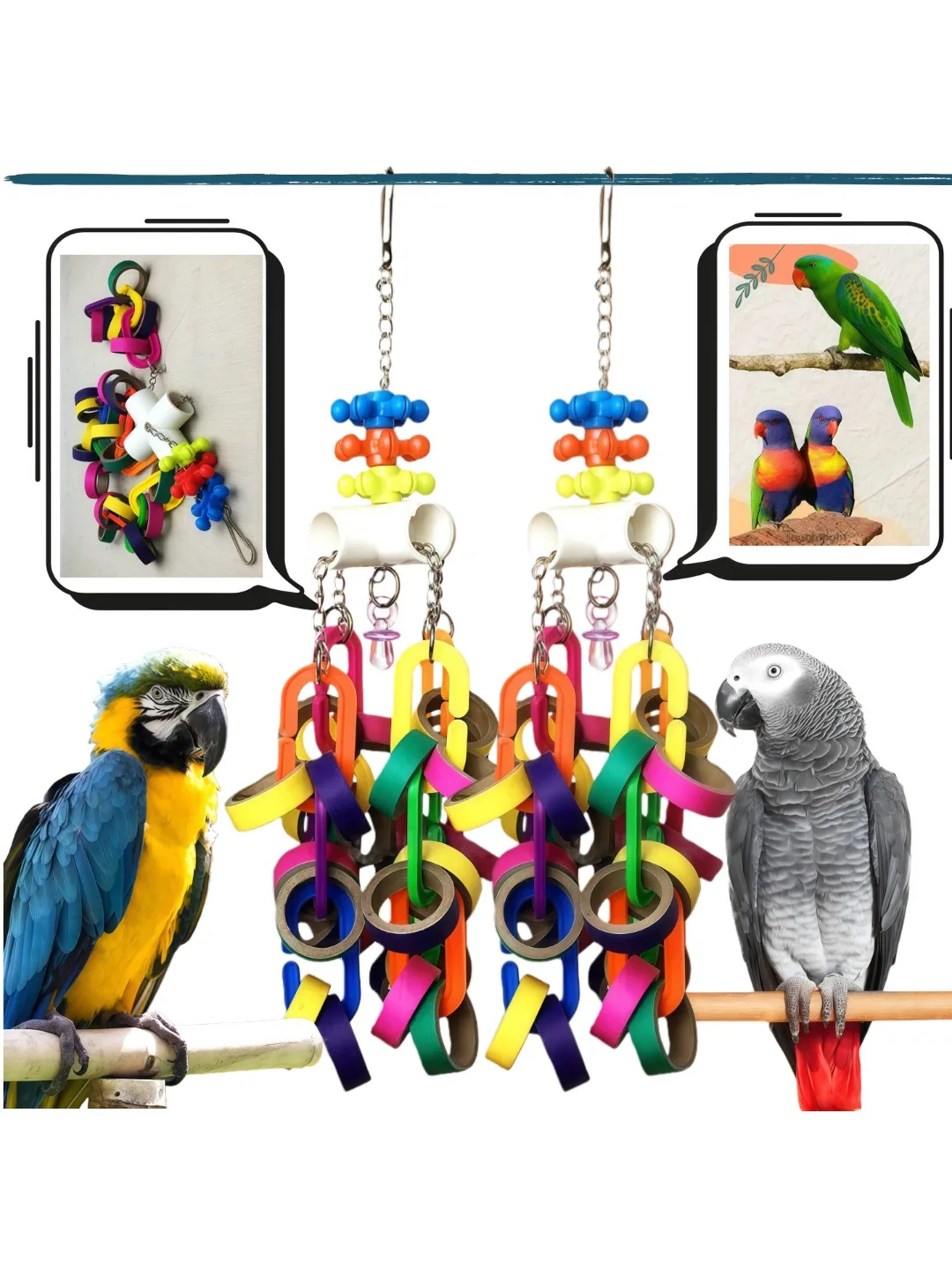Jouet à déchiqueter pour oiseaux, anneaux à mâcher colorés en forme de bagel pour perroquets, conures et autres oiseaux de taille moyenne et grande, accessoires pour cage à oiseaux