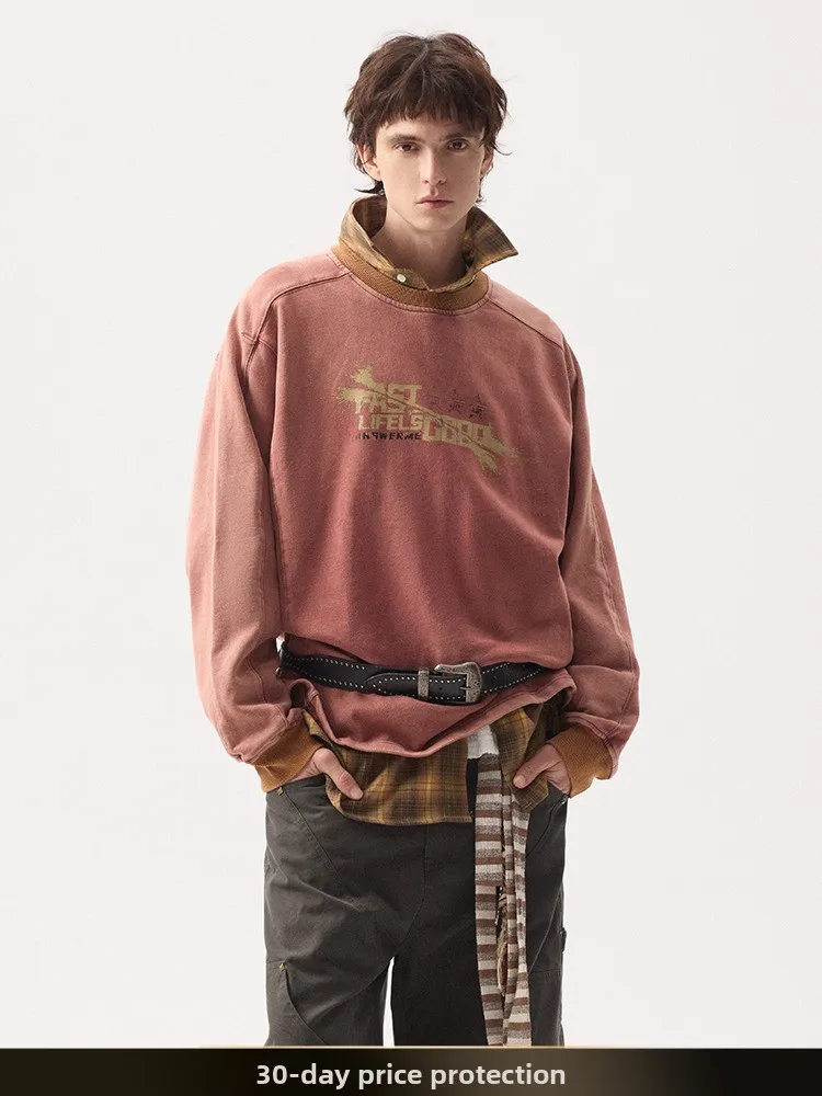 

Ретро-американский свитшот с принтом-надписью, круглым вырезом, длинными рукавами, в уличном стиле, повседневный, свободного кроя, 100% хлопок