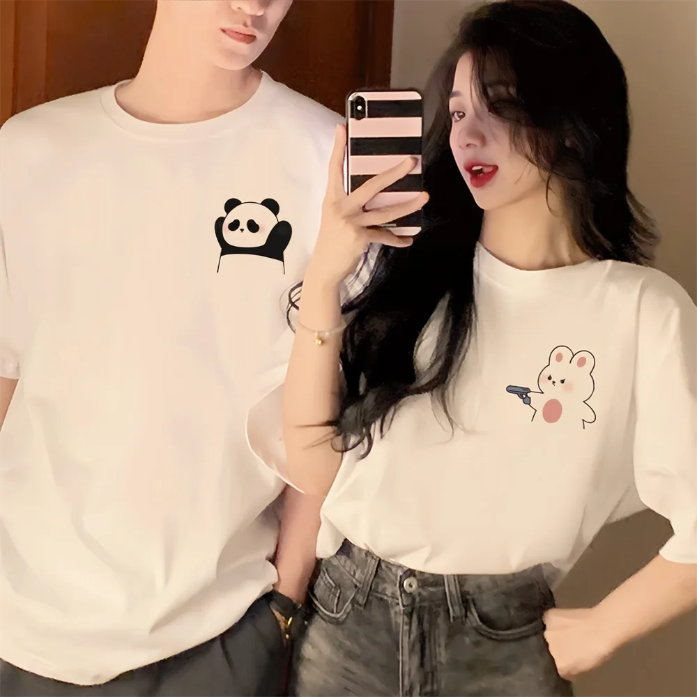 Interesting Cartoon Surrender Panda Print Couple T-shirt Tee Top 240g Cotton Casual Loose Short Sleeve Tshirt For Lover Gift