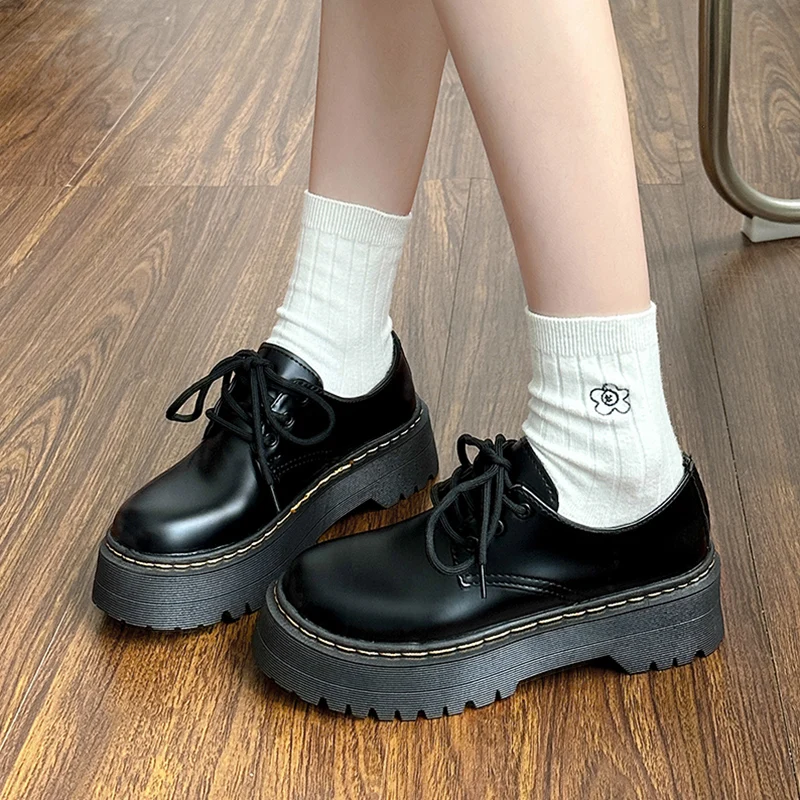 Round Toe Korean Shoes Female Footwear British Style Oxfords Women\'s Clogs Platform 2024 Dress Retro Preppy Leather Cross