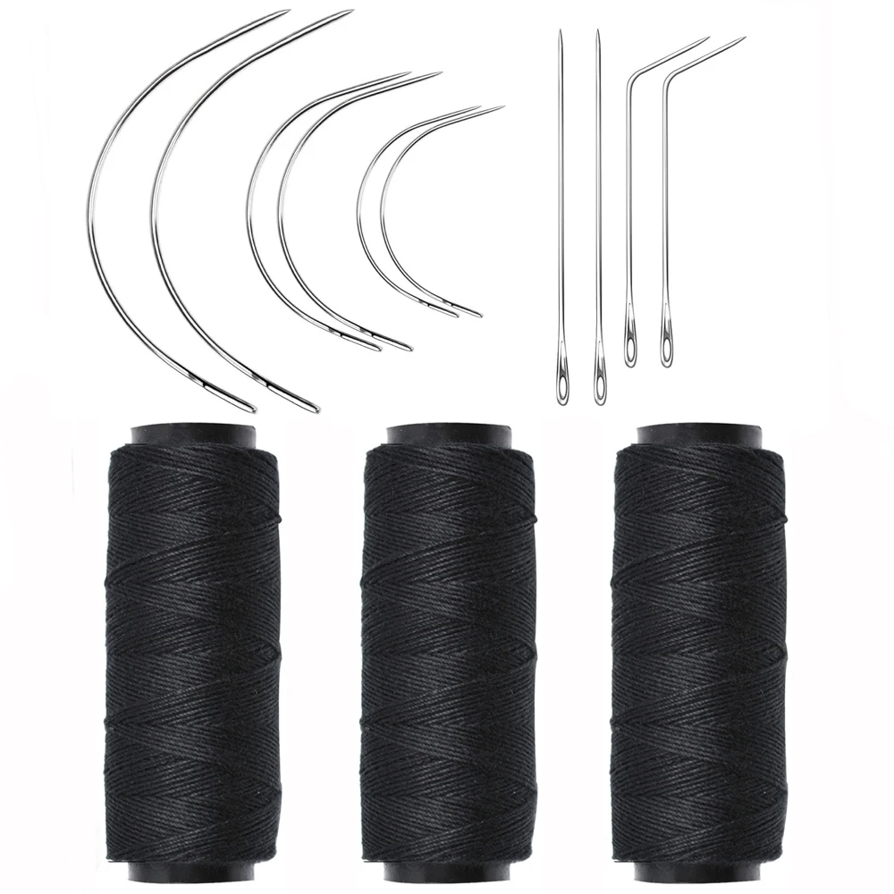 

Нитки для плетения волос, 3 рулона, большие, средние и маленькие, изогнутая игла в форме буквы C J, игла (черная 3 нити + 10 игл)