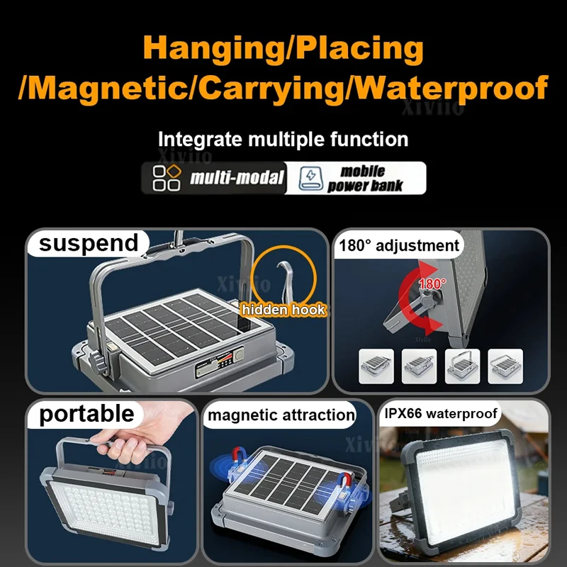 Upgrade 30000mAh Solar Rechargeable Camping Lantern High Power Bank Emergency Floodlight Hanging Portable Tent Light with Magnet