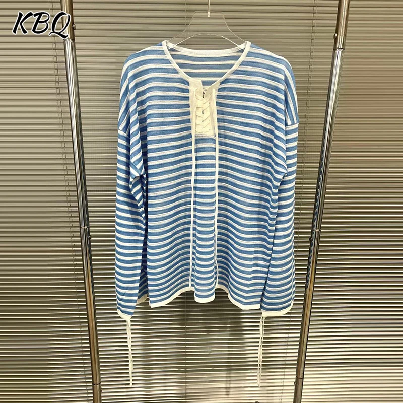 

KBQ Slimming Spliced Lace Up Designer Stripe Blouses For Women Round Neck Long Sleeve Spring Casual Shirts Female Fashion New