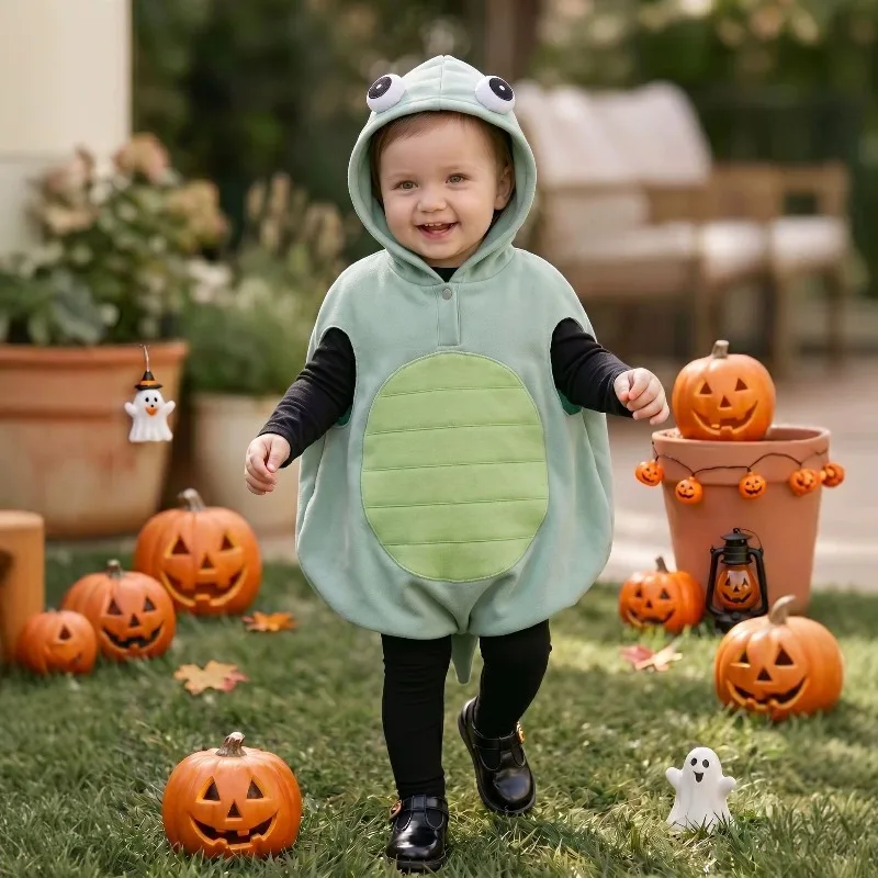 Baby clothes Cute Green Frog Baby Romper Sleeveless Hooded Jumpsuit Infant Toddler Halloween Cosplay Costume Outfit Big Eyes