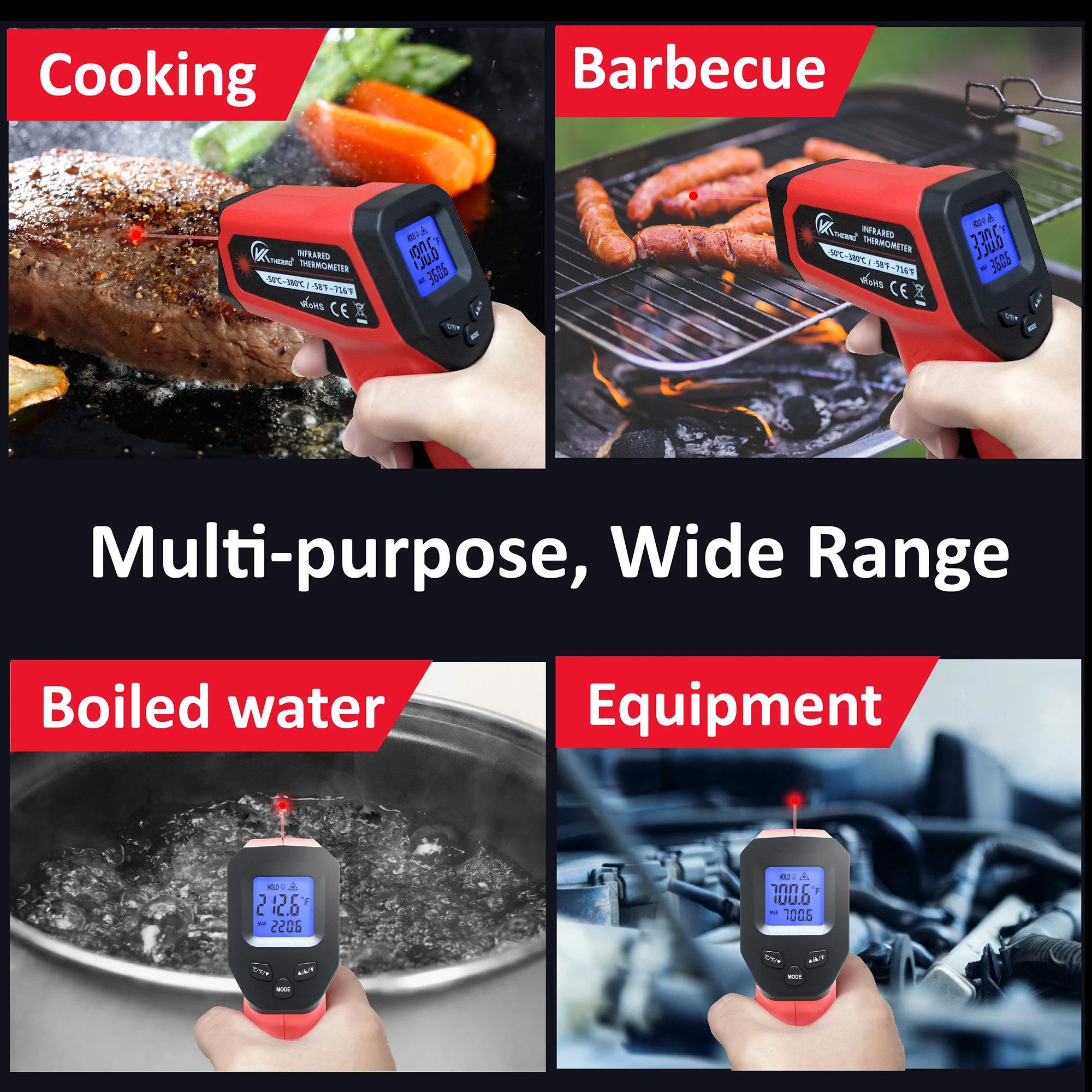 Digital Thermometer Non-contact industrial Infrared Laser LCD Color Screen Kitchen Thermometer Temperature Gun Tester-50-380