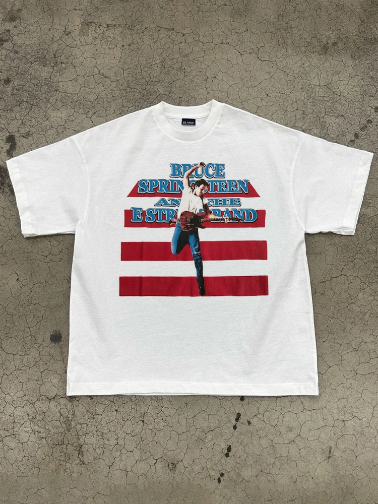 

American Street Style Rock Singer Short-sleeved T-shirt Vintage Cotton Men's and Women's Hip Hop Style Half-sleeve Bottom Shirt