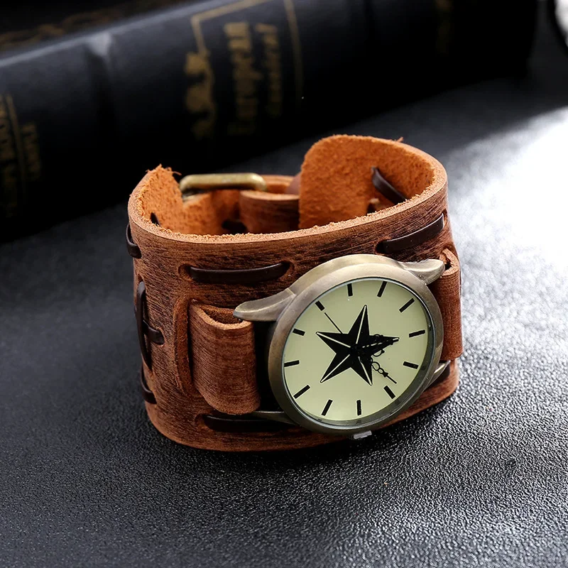 Men Women Watch Punk Genuine Leather Vintage Wide Wrap Bracelet Band Strap Watches Sport Military Quartz Clock Wristwatch