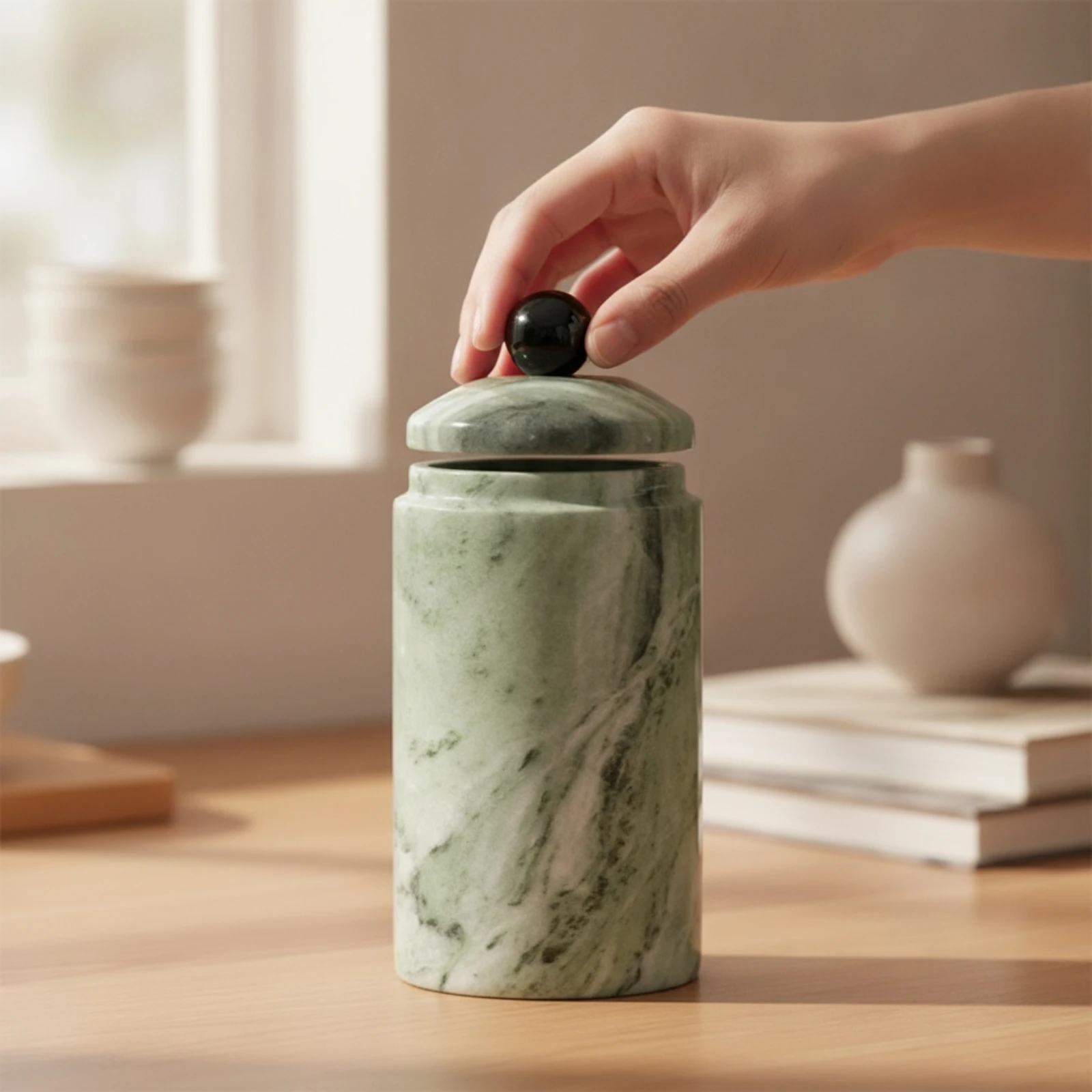 Marble Jar with Lid Cylindrical Marble Canister with Lid Elegant Minimalist for Home Decor, Tabletop