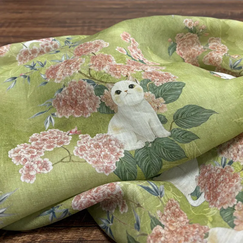 Pure Ramie Fabric Chinese Style Chinese Medallion Cat Print Soft Summer Hanfu Tablecloth Dress Vintage Handmade Craft Material