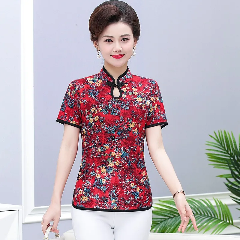 T-shirt donna estiva Vintage donna colletto Cheongsam stampa elegante top donna pullover selvaggio t-shirt Slim fit