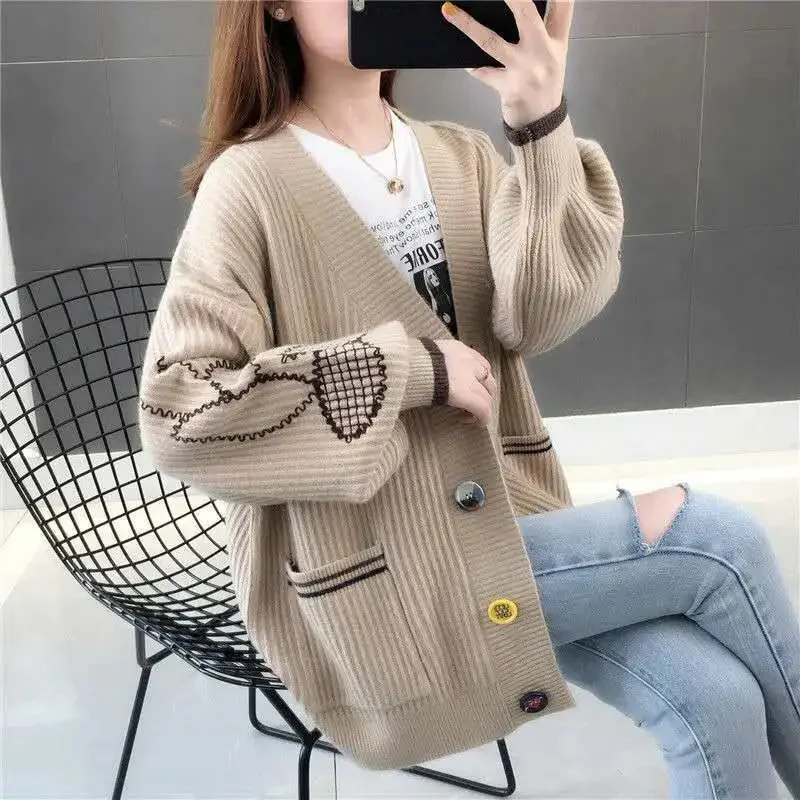 Spring Autumn 2026New Fashion Knitwear Cardigan Jacket Ladies Embroidered Lantern Sleeve Sweater Coat Women Korean Loose Outwear