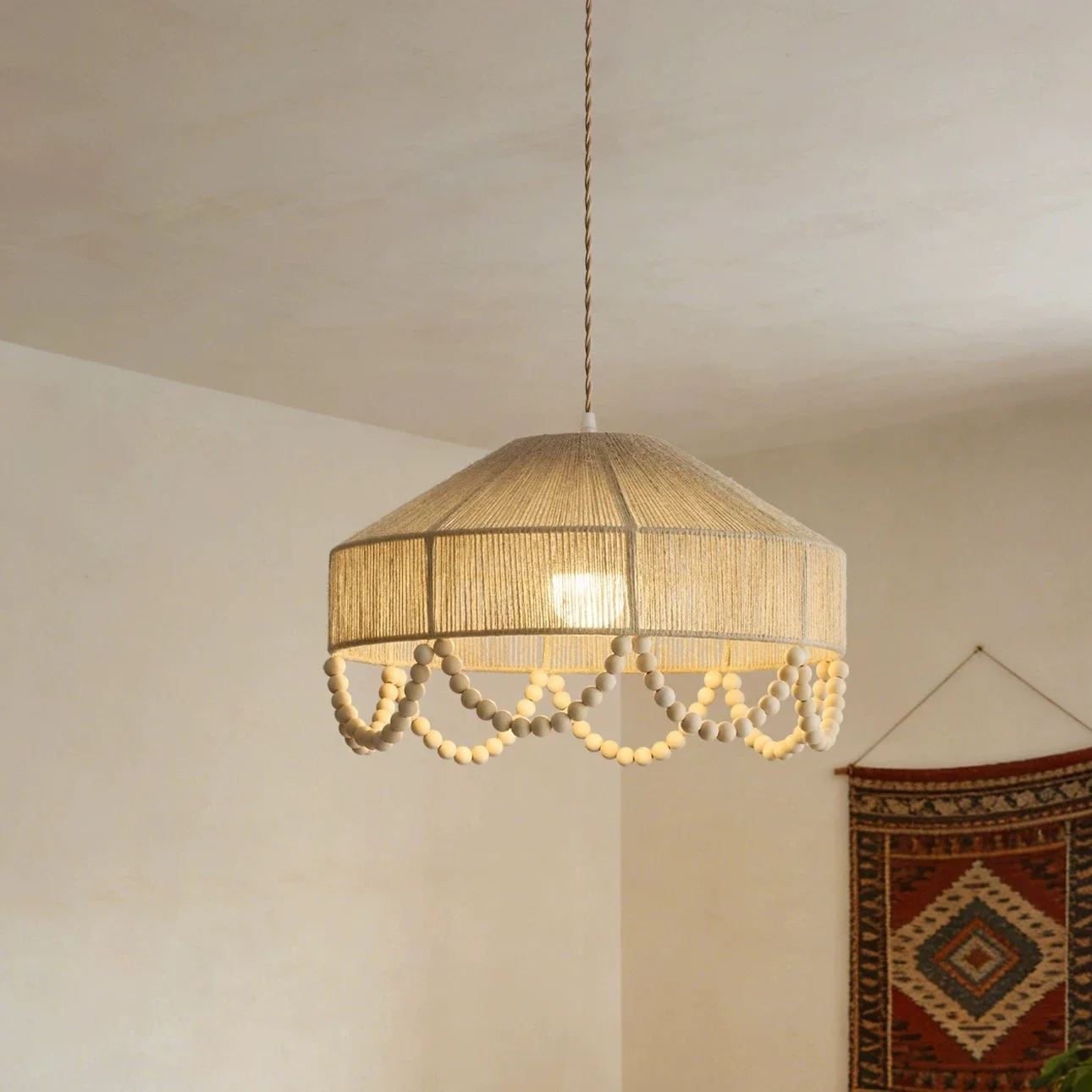 Wabi Sabi Hemp Rope Wooden Chandelier Handmade Weaving Bedroom Dining Room Homestay Living Room American Retro Pendent Lamp