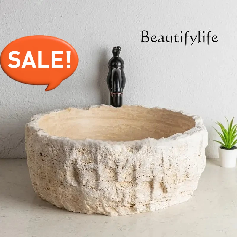 

Kitchen/Vanity Sink, Raw Stone Integrated Design Custom Huangdong Marble Undermount Sink - Thin Edge, Deep Single Basin