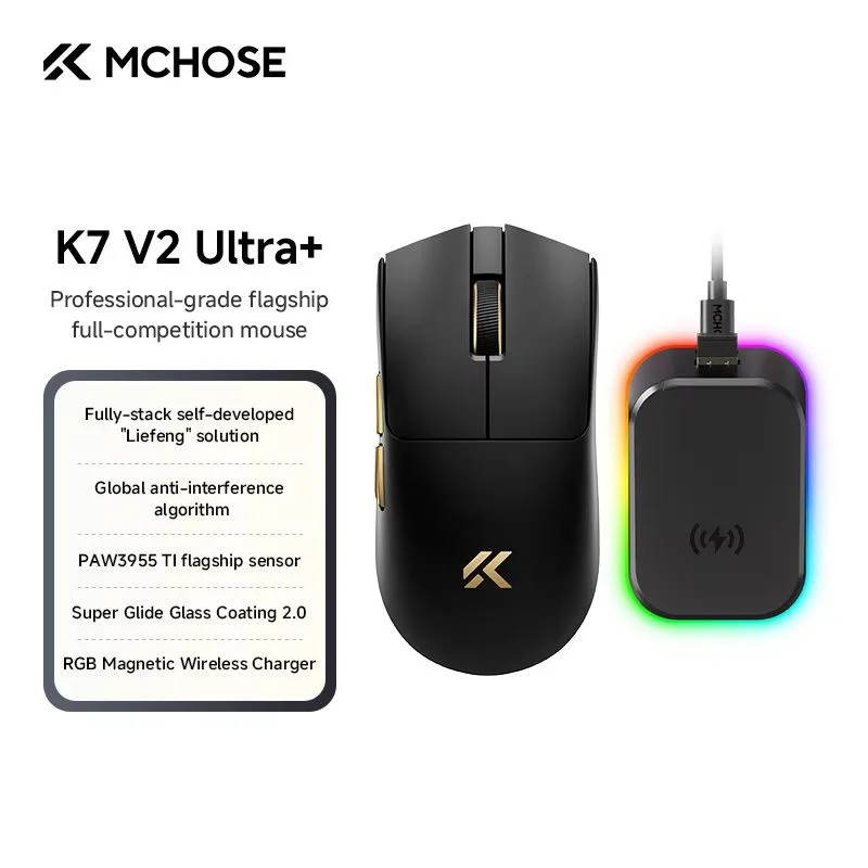 MCHOSE K7 V2 Ultra + Nieuw ontwikkelde gamingmuis met PAW3955-sensor, 50.000 DPI, 8K, lichtgewicht, draadloos, met magnetische oplaadbasis.