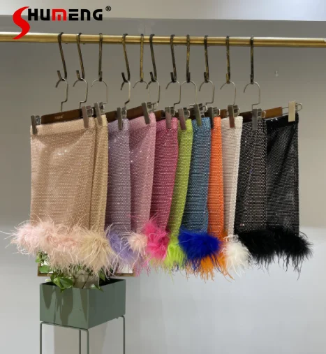 New Fashion Ostrich Fur Patchwork Diamond Short Mini Skirt Female Summer Elastic Waist Hollowed Out Rhinestone Skirt Sexy