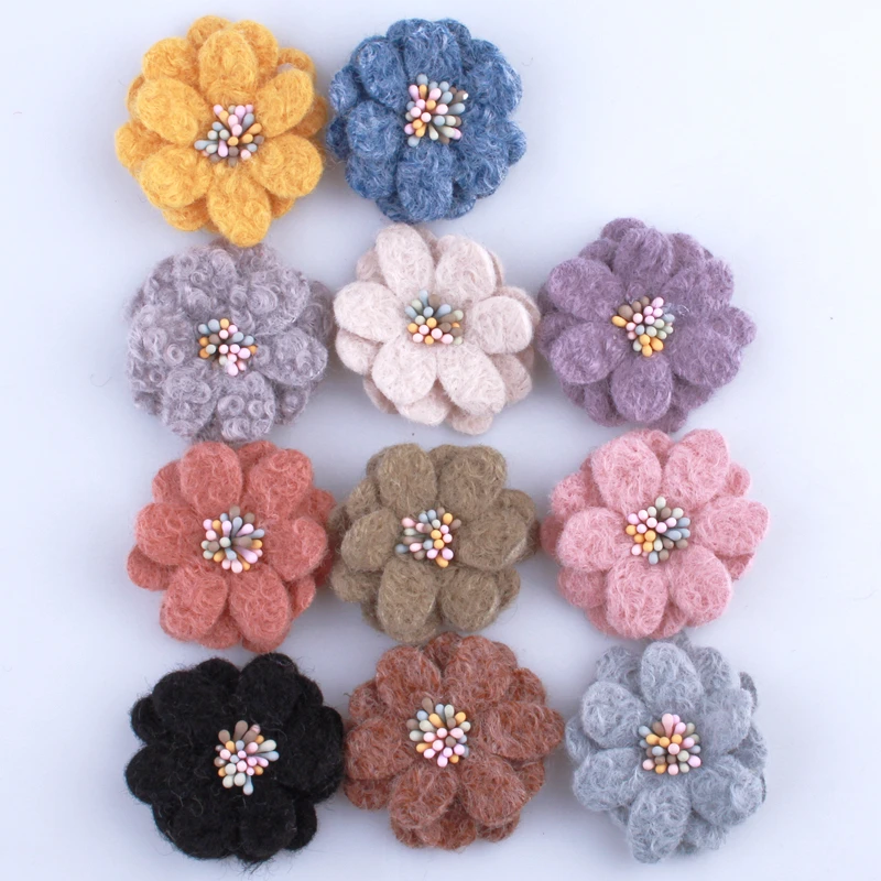 

200PCS 5CM 11Colors Mini Wool Fabric Flower With Stamen For Wedding Invitation Artificial Flowers For Dress Decoration U Pick