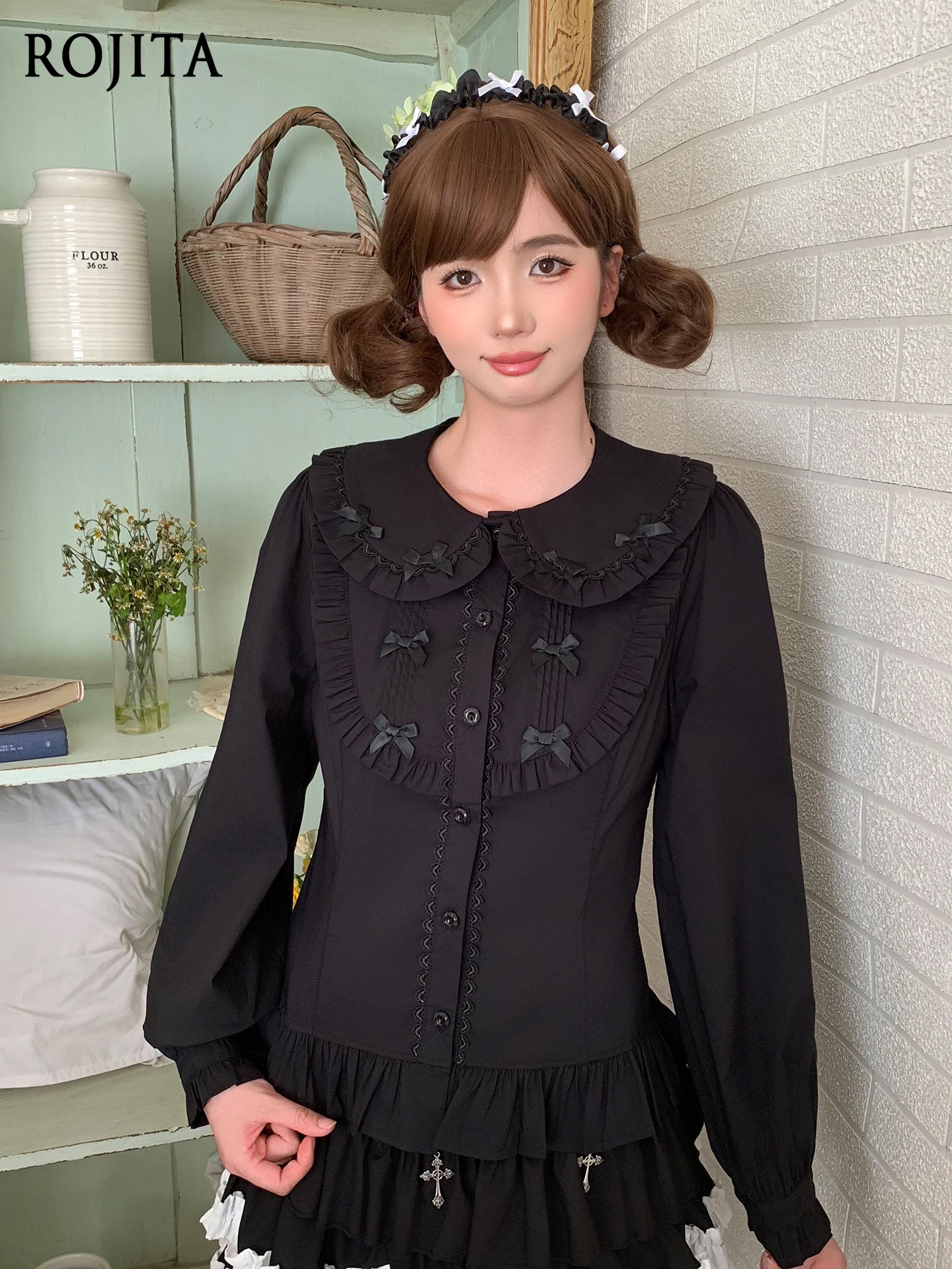 

Внутренняя рубашка в стиле Лолиты, женский топ с длинным рукавом, однотонная осенняя хлопковая рубашка в стиле принцессы, милая милая рубашка с кукольным воротником в стиле Лолиты