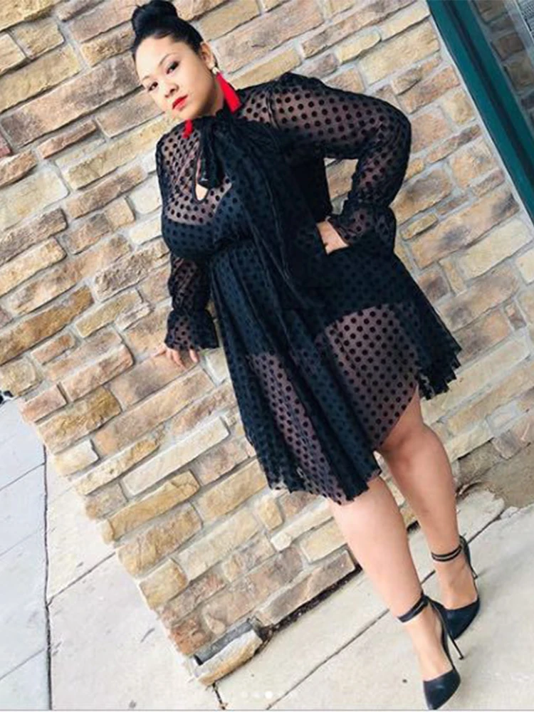 Lace Dress Women Sexy Plus Size Clothing Long Sleeve Mesh Dress with Lingerie Strap Black Midi Dress Wholesale Dropshipping