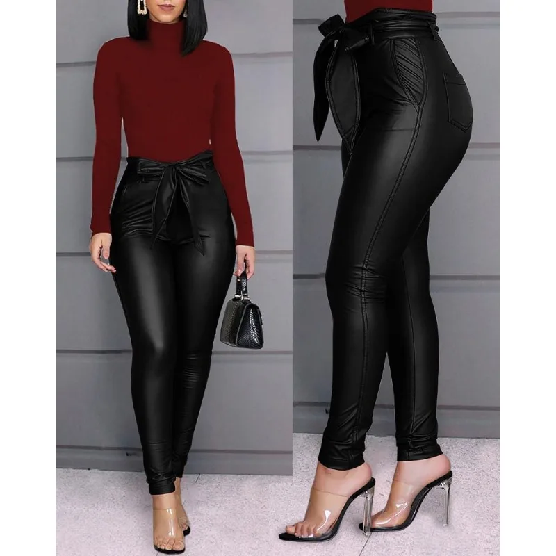 

2024 New Faux Leather Pants Fashion Solid Stretchy Skinny Pencil Trousers High Waisted Women's Ladies Leggings PU Leather