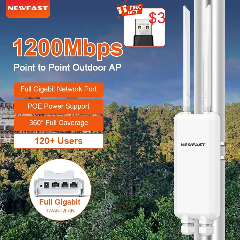 

Newfast 1200 Мбит/с Wi-Fi повторитель уличная точка доступа 2,4G/5,8G беспроводной маршрутизатор/AP удлинители Wi-Fi дальнего действия 3 гигабитных портов ЕС/США