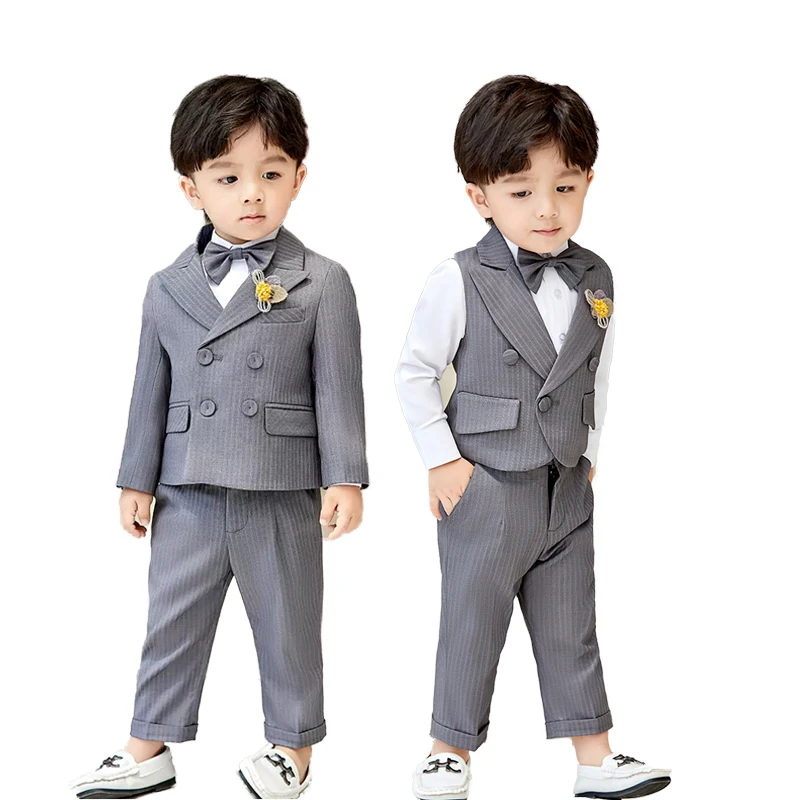 

Children Wedding Birthday Party Host Photography Suit Set Baby Boys Formal Striped Clothes Kids Jacket Tuxedo Pants Bowtie