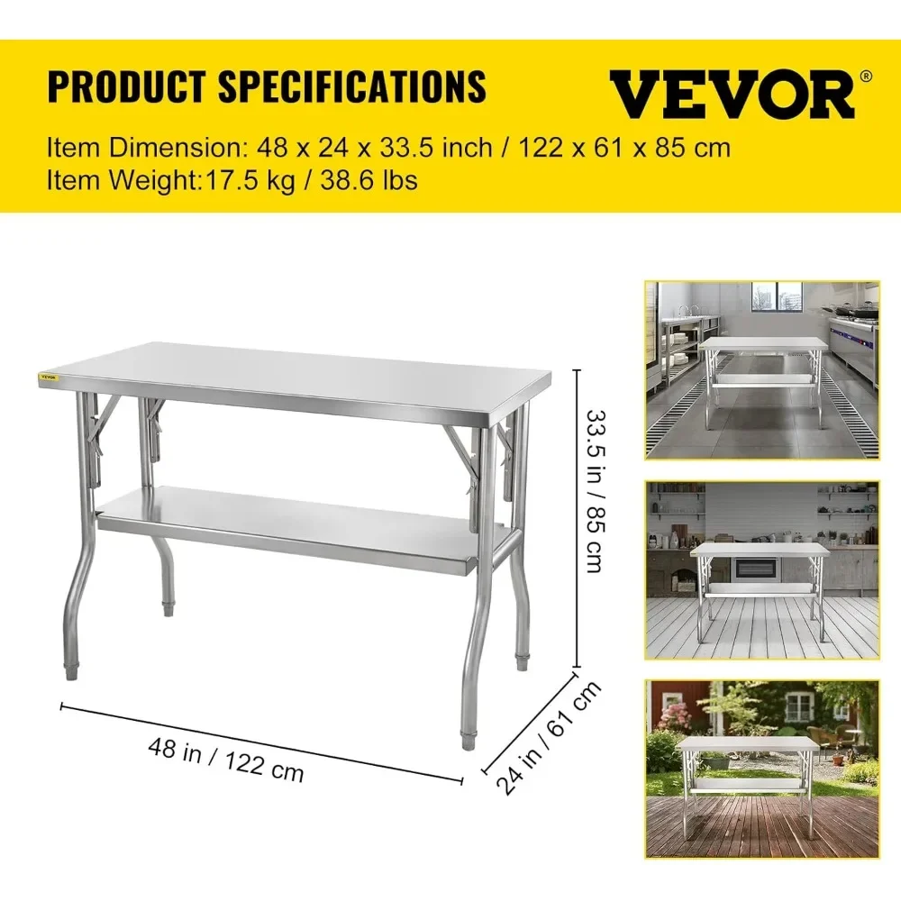 Folding Commercial Prep Table, Heavy-duty Stainless Steel Folding Table with 772 lbs Load, Kitchen Work Table, Silver