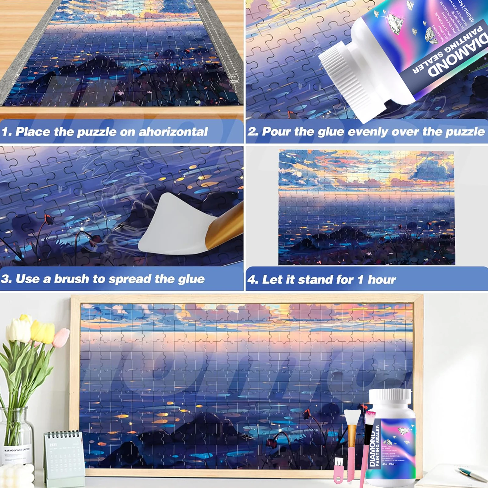 480ML(16oz) Diamond Painting Sealer Kits with 3 Pcs Brushes Diamond Art Sealer Puzzle Glue Accessories and Tools for Adults