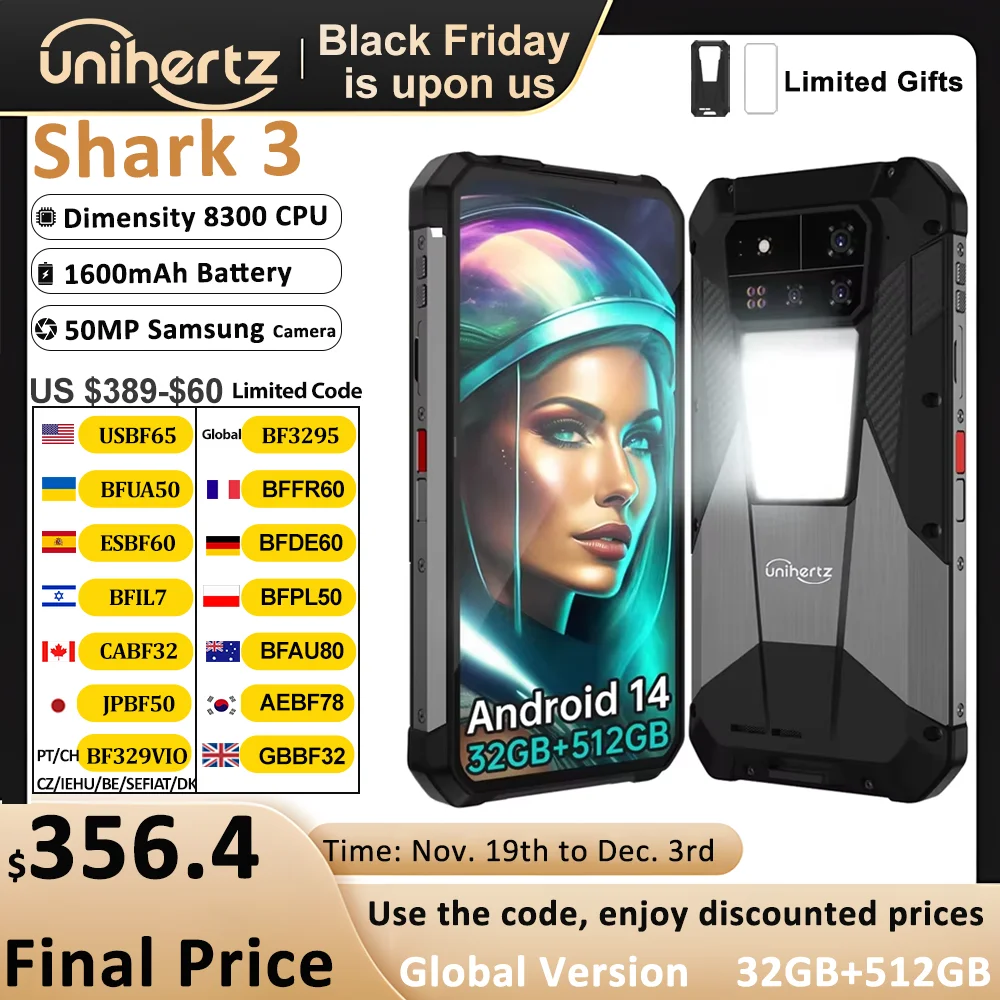 

Unihertz Shark 3 by 8849 Rugged Smartphone android 14 3K AMOLED Display 32GB RAM 512GB ROM Dimensity 8300 CPU Mobile Phone