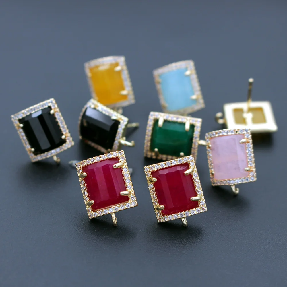 6pairs Rectangle Natural Stone Blue Green Jade Stone Earrings Post Connectors CZ Paved For DIY Dangle Earrings Making Jewelry