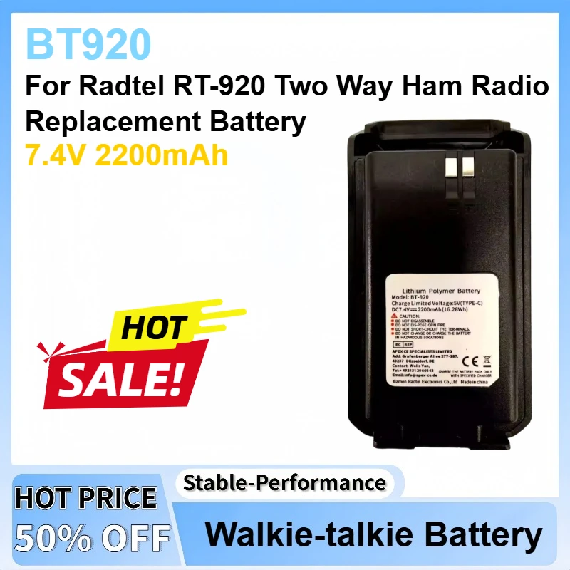 

New 7.4V 2200mAh BT920 Walkie Talkie Li-ion Battery Pack For Radtel RT-920 Two Way Ham Radio Replacement Battery