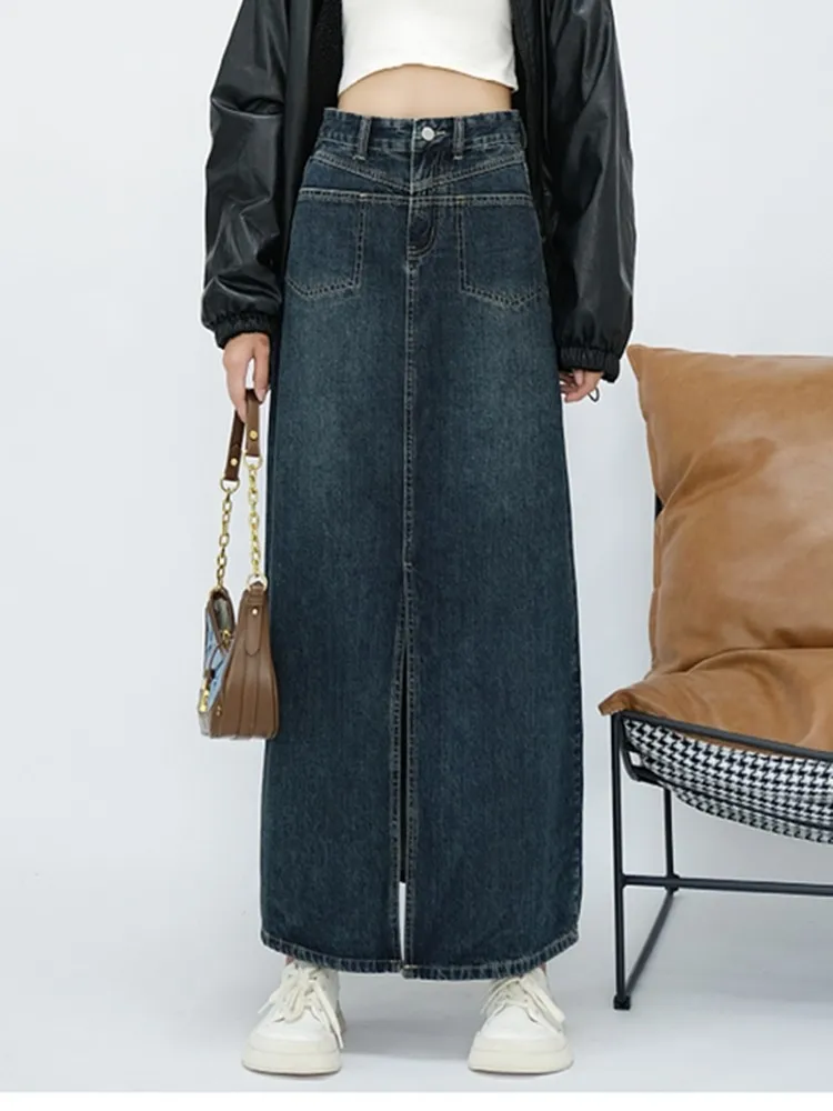 

ZHISILAO New High Waist A-line Long Denim Skirt Women Vintage Classic Blue Jeans Skirt Autumn 2023