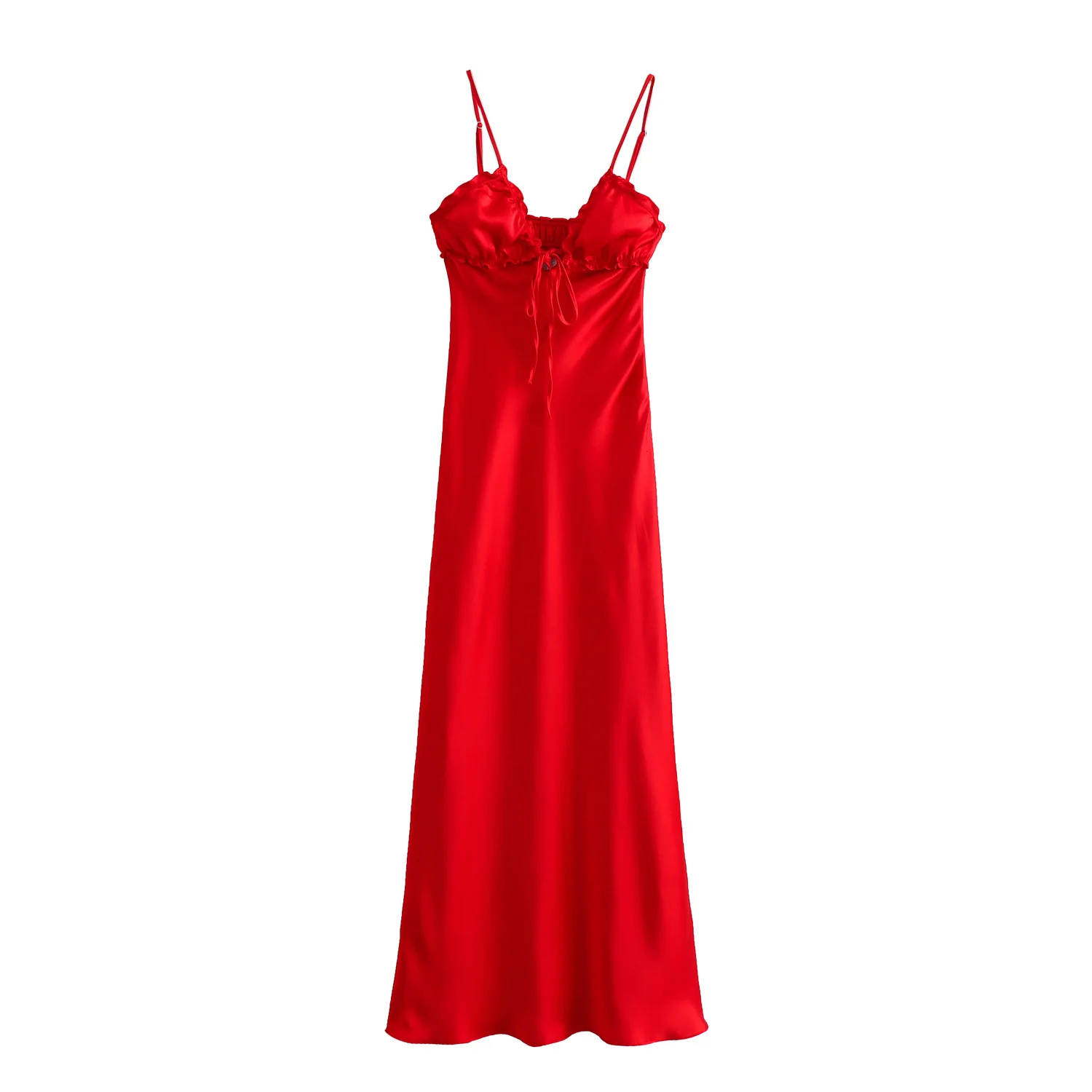 Tangada 2024 Women Red Backless Satin Dress Sleeveless Sexy Ladies Ruffles Long Dress PS019