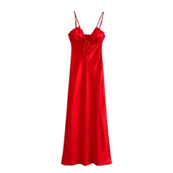 Tangada 2024 Women Red Backless Satin Dress Sleeveless Sexy Ladies Ruffles Long Dress PS019