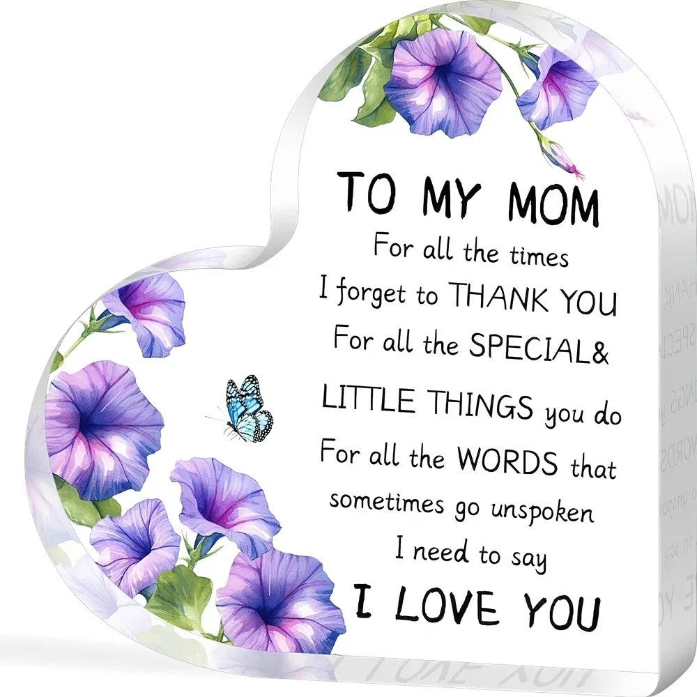Heart Acrylic Desk Plaque Gift for Mom, Purple Morning Glory Floral Tabletop Ornament Mother's Day Present