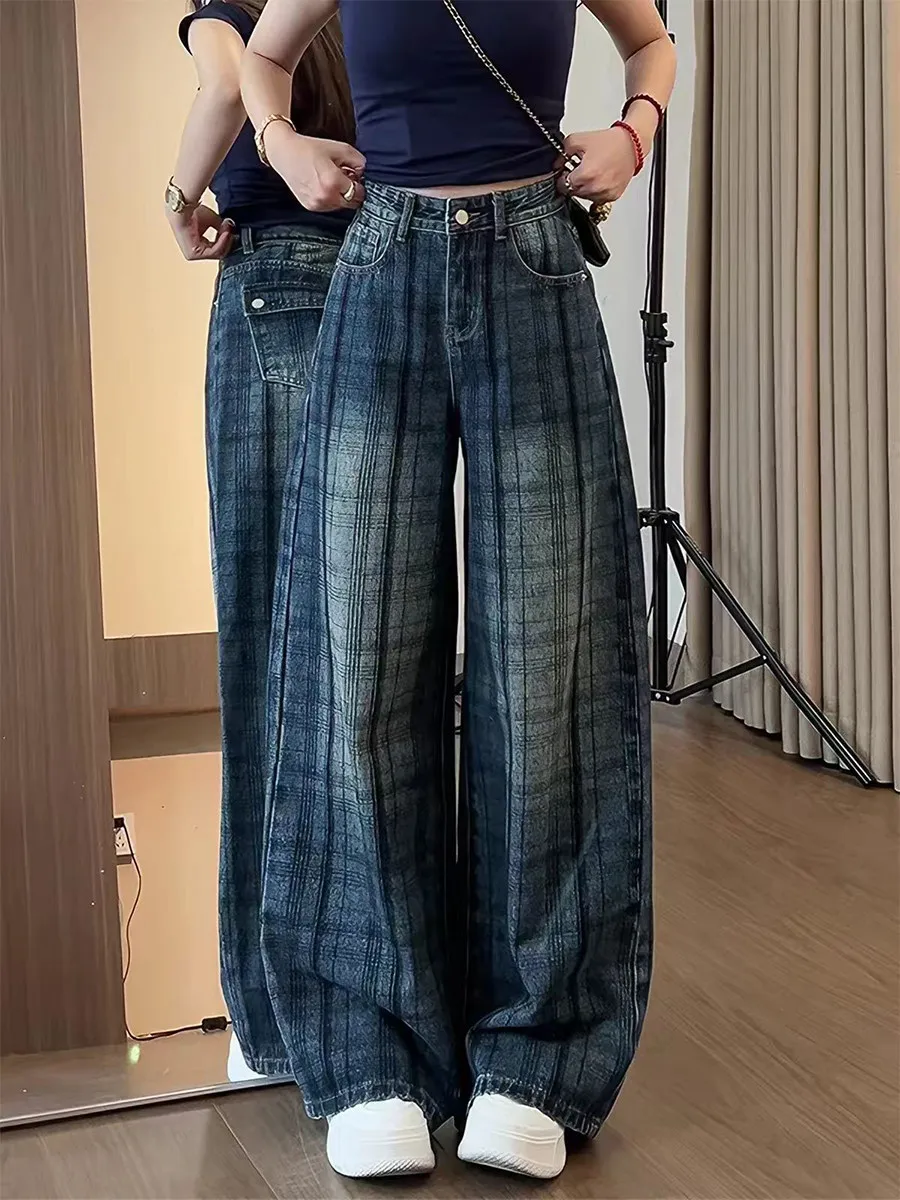 Vintage Blue Plaid Women's Jeans High Waist Wide Leg Loose Casual Straight Denim Pants Chic Trousers Female