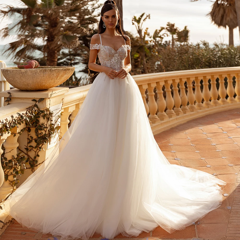 Vestido De Novia con hombros descubiertos para mujer, traje Sexy con apliques De encaje De línea A, Vestidos De Novia De princesa, Vestidos De baile De compromiso De verano