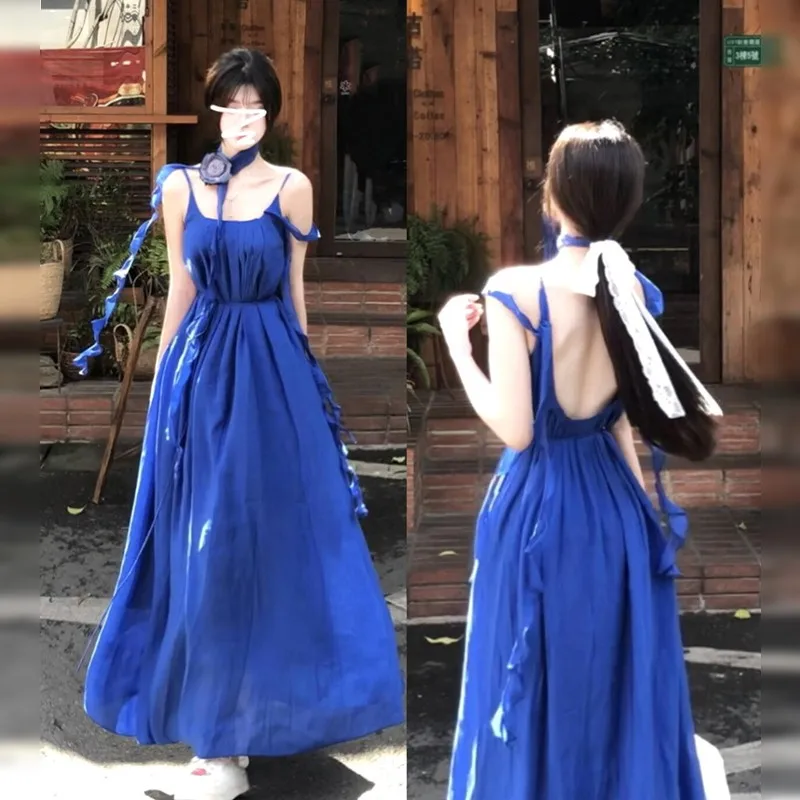 

New Klein's Blue Dresses Halter Dress Summer Seaside Resort French-style Cinched Long Dress for Women
