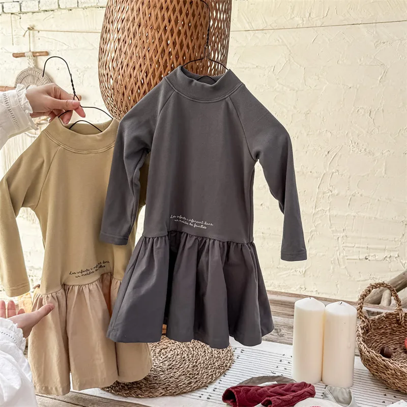 2025 Autumn Winter New Girls Long Sleeve Warm Dress Solid Children Bottoming Dress Letter Print Casual Dress Kids Cotton Clothes