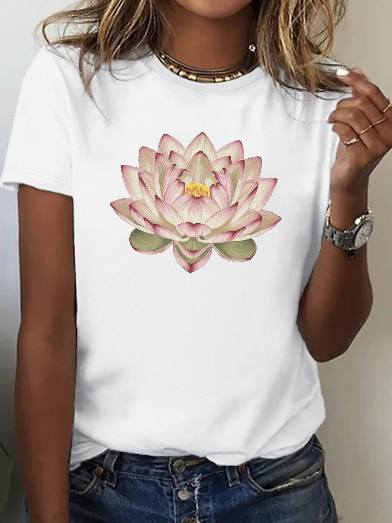 

Women T-shirt Summer Short Sleeve Print Clothes T Shirt Watercolor Lotus Graphic Painting Bird Clothing Fashion Female Top
