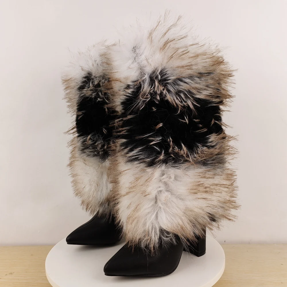 

Women's Winter Warm Boots Black Leather Faux Fur Pointed Toe Mid-Calf Boots Chunky Block Heel Fluffy Trim Edgy Cozy Style