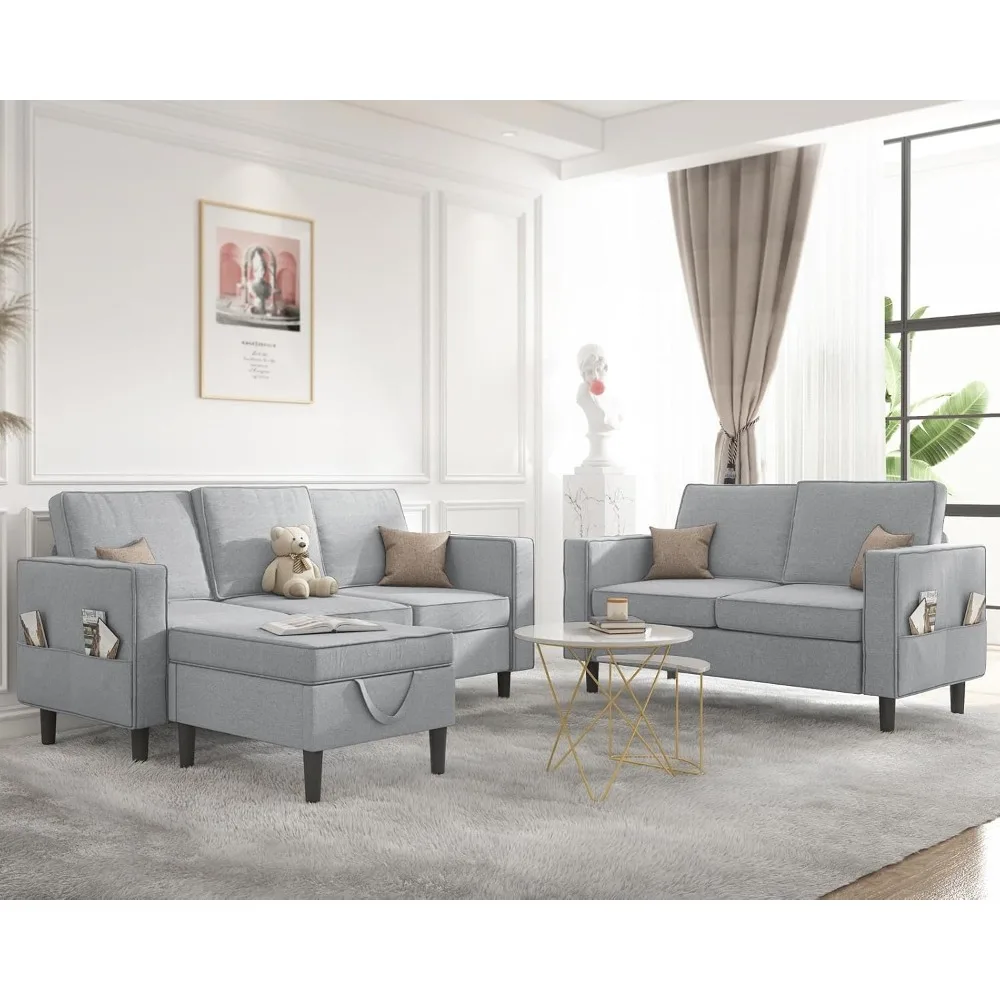 

Mjkone 3 Pcs Sectional Sofa Couch Set with Solid Wooden Legs, Modern Couch Sets with Storage Ottoman, Sofa and Loveseat Set with