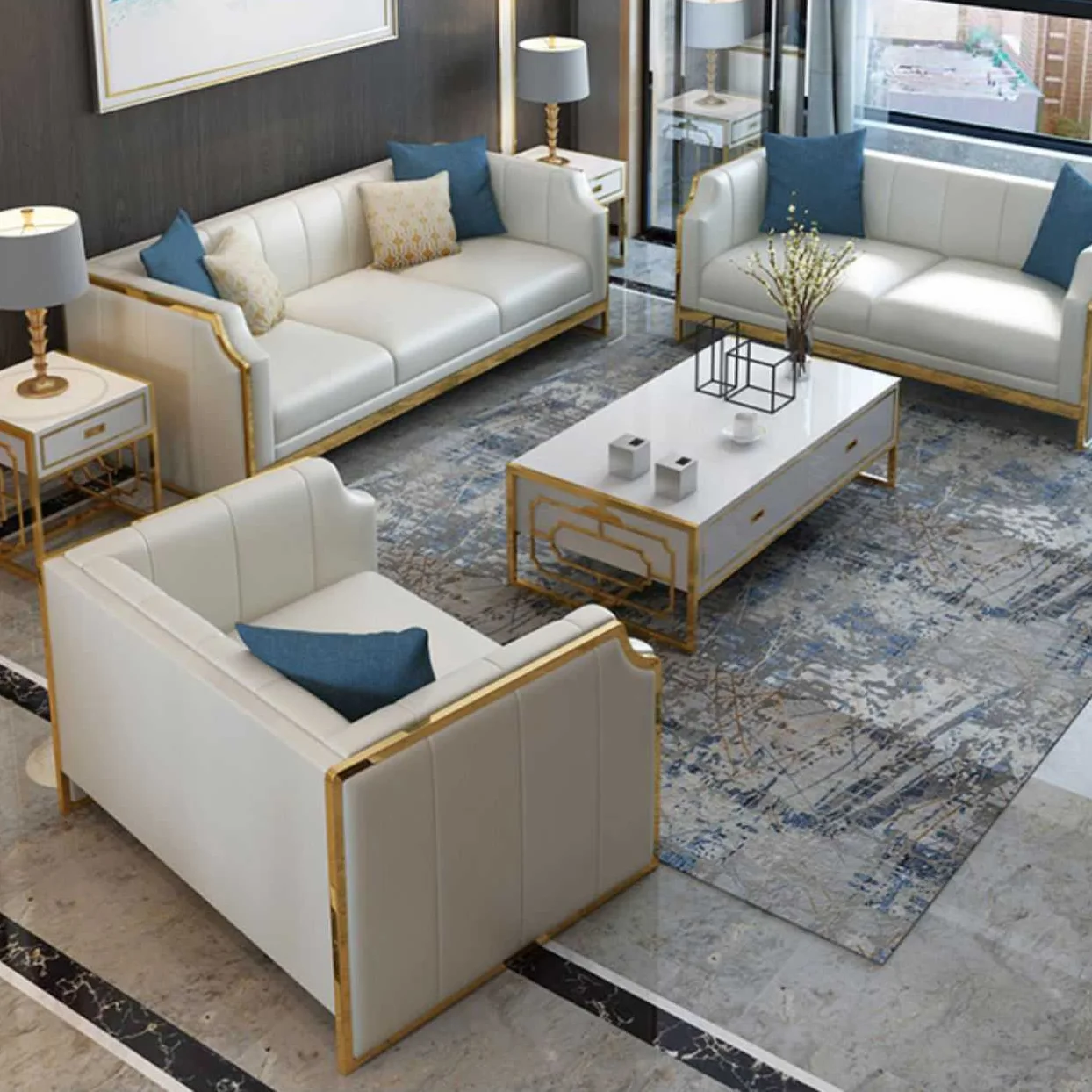 #Microfiber Fabric & White Leather Lounge Couch Light Luxury Stainless Steel Sofa Furniture for Villa Apartment Living Room Use